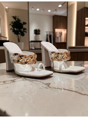 Quilted Chain-Embellished High Heel White Sandals With Square Toe Design
